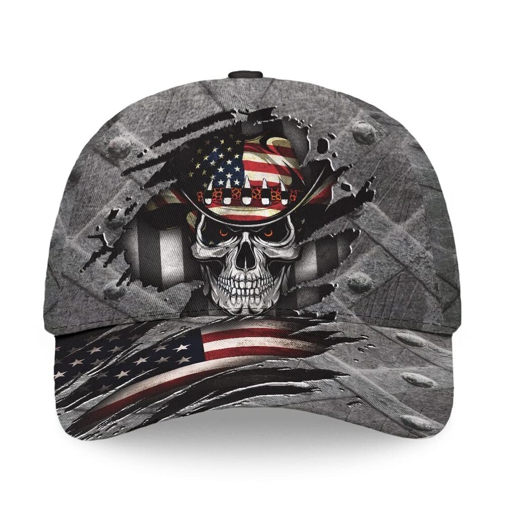 8664 Cowboy Skull Cap , Cow Boy Skull Us Flag Skeleton Reaper Gothic